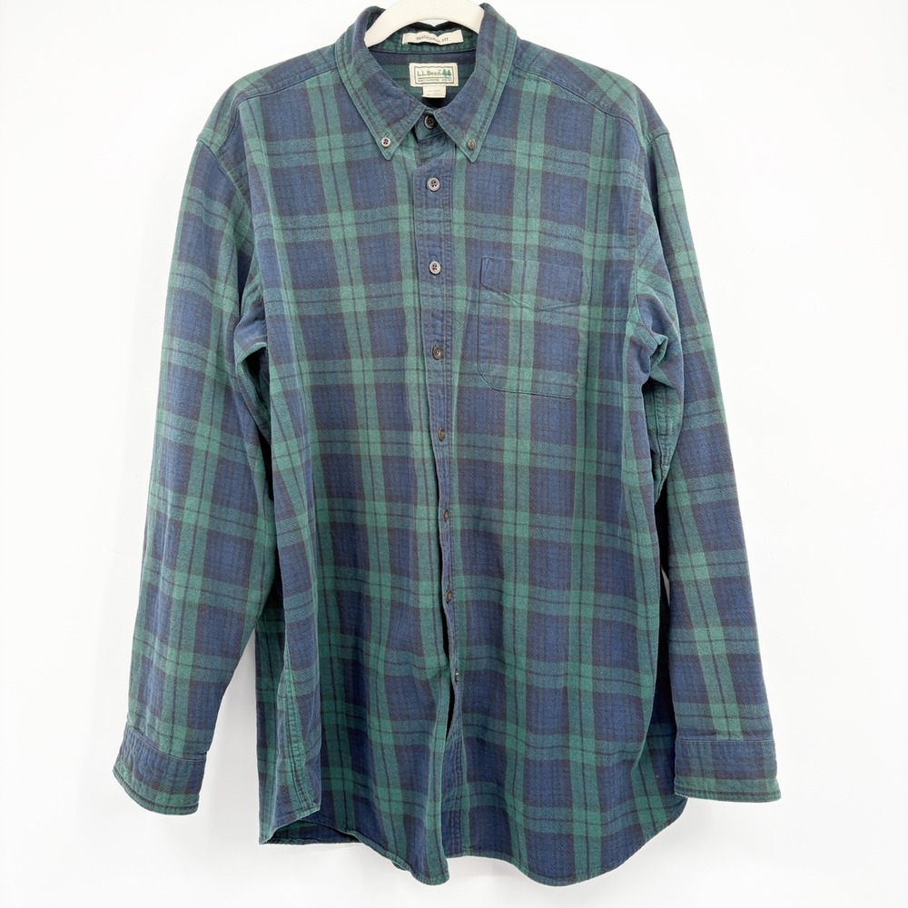 L.L.Bean Mens Green Blue Plaid Traditional Fit Cabincore Flannel Shirt XL Tall